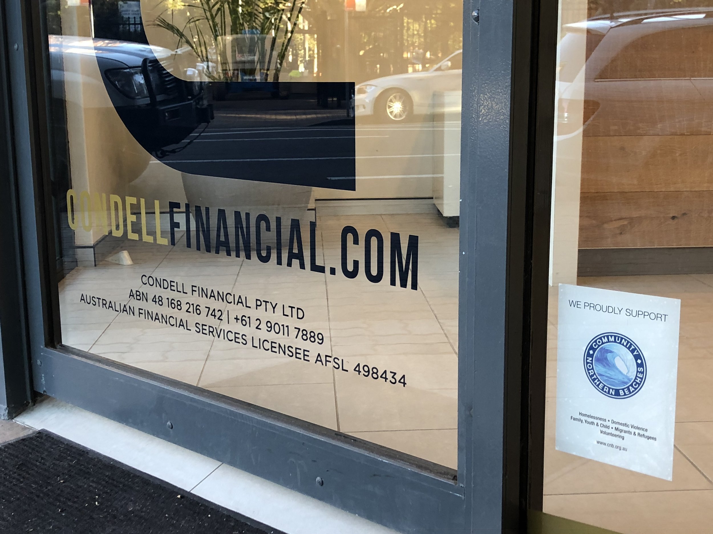 CONDELL FINANCIAL Thanks to Andrew at Condell Financial for finding a spot on their lovely shop front for our local business support window sticker. You are helping us spread the word about the services at Community Northern Beaches. www.condellfinaâ€¦