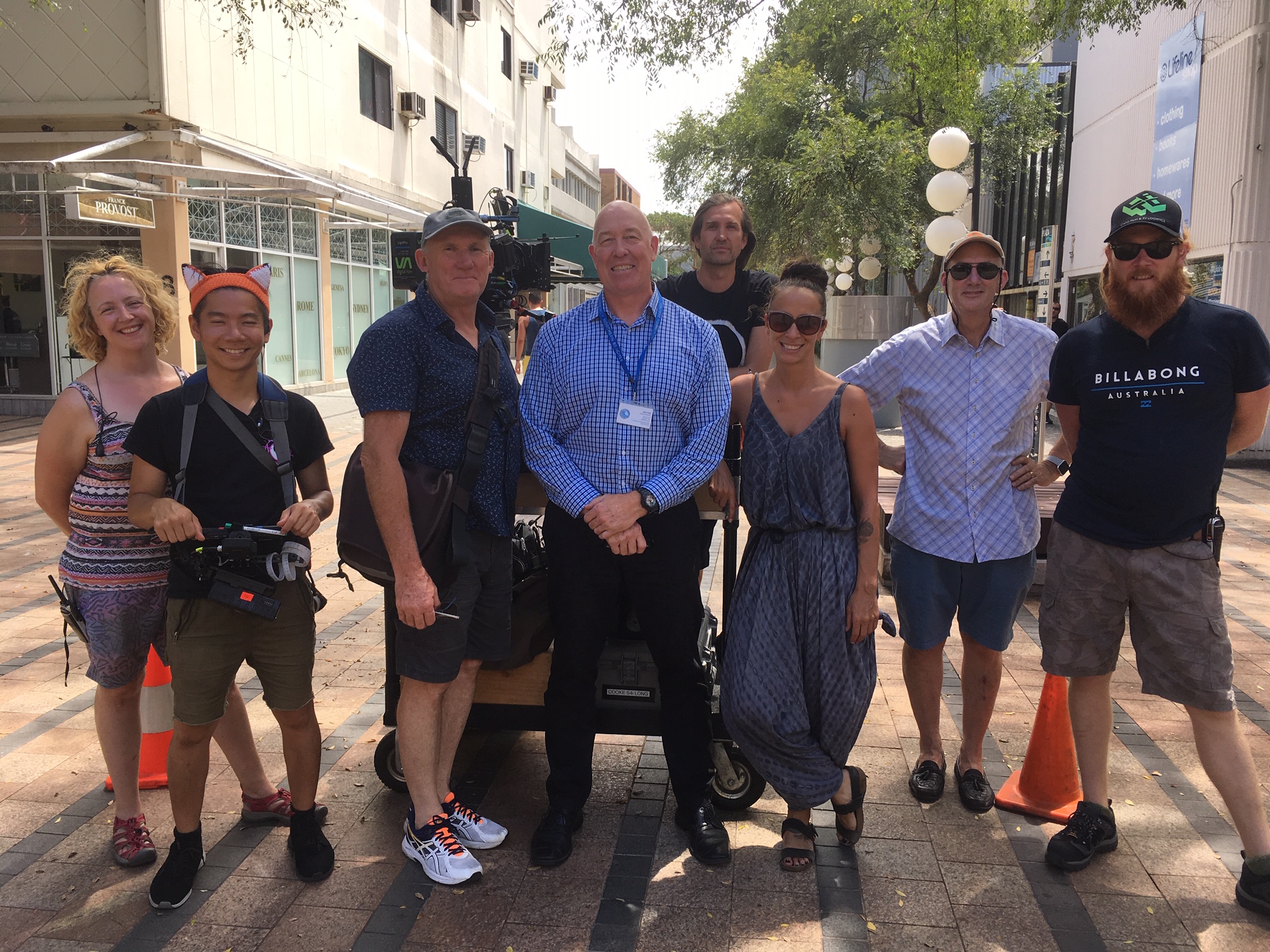 Pictured on location in Manly with Community Northern Beaches Executive Director John Kelly, is Director Ian Watson on Johnâ€™s right, and Location Manager Daniella on Johnâ€™s left, plus crew.
